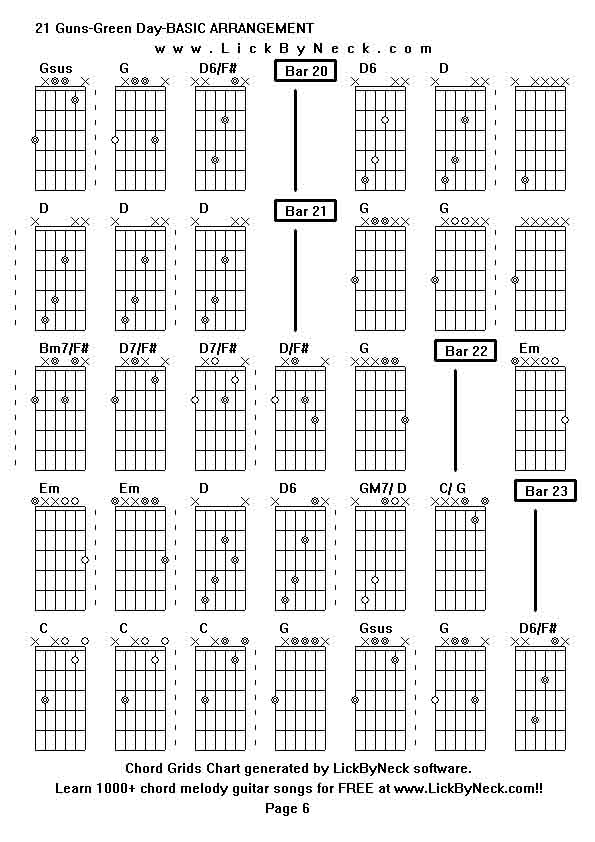 Chord Grids Chart of chord melody fingerstyle guitar song-21 Guns-Green Day-BASIC ARRANGEMENT,generated by LickByNeck software.